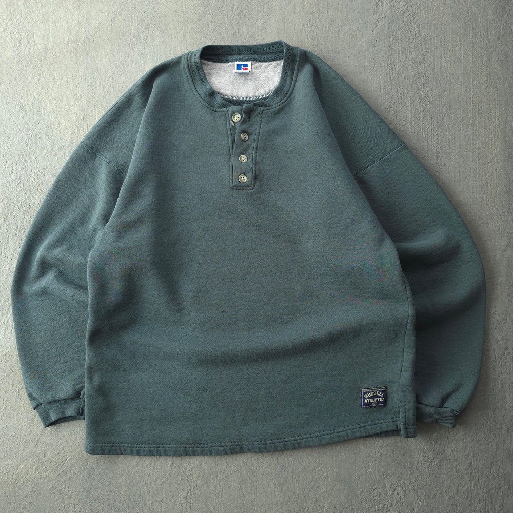 Vintage 90s Russell Athletic Teal Henley Sweatshirt Large Made in USA